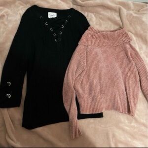 Pink Turtleneck Cropped Sweater & Black Lace Up Knit Sweater bundle